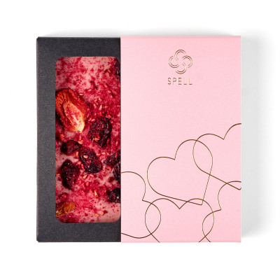 White chocolate with cranberries, cherries, and raspberries Pink hearts