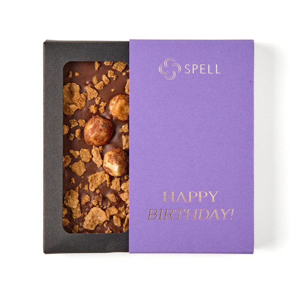 Lavender milk chocolate with hazelnuts and salted caramel for Birthday