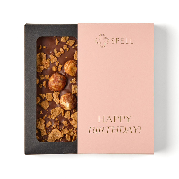Pink milk chocolate with hazelnuts and salted caramel for Birthday