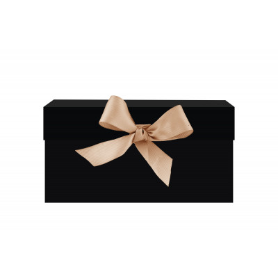Black square box with beige ribbon