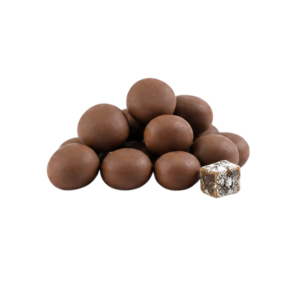 Caramel cube coated in dark chocolate with salt